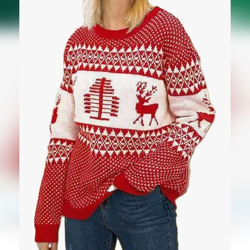 Red and White Reindeer Pattern Women's Sweater -NWOT